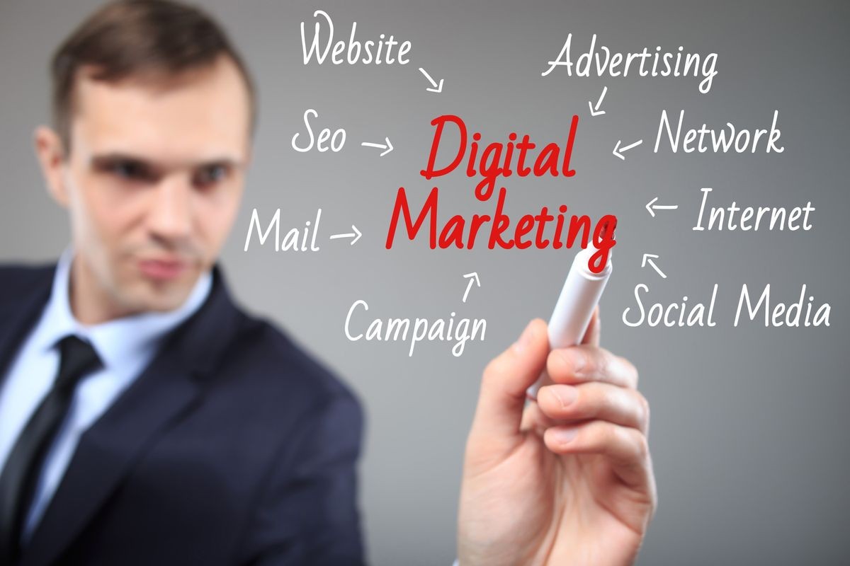 business man writing digital marketing concept